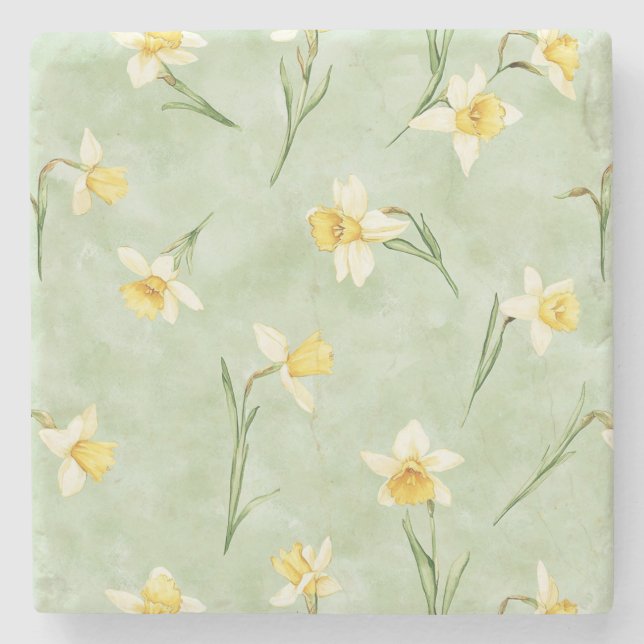 Mint Green Yellow Daffodil Flowers Stone Coaster (Front)