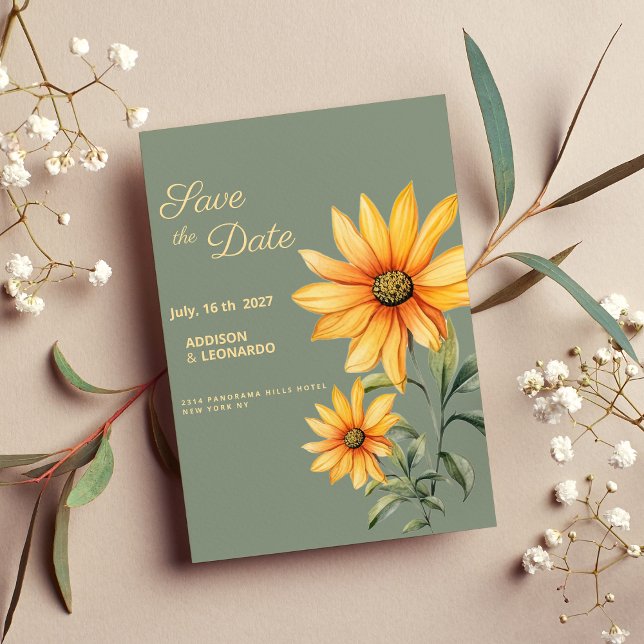 Mint green yellow sunflower flowers Save the Date Invitation (Mint green yellow sunflower flowers Save the Date)