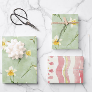 Mint Green Yellow White Daffodil Flowers Birthday Wrapping Paper Sheet