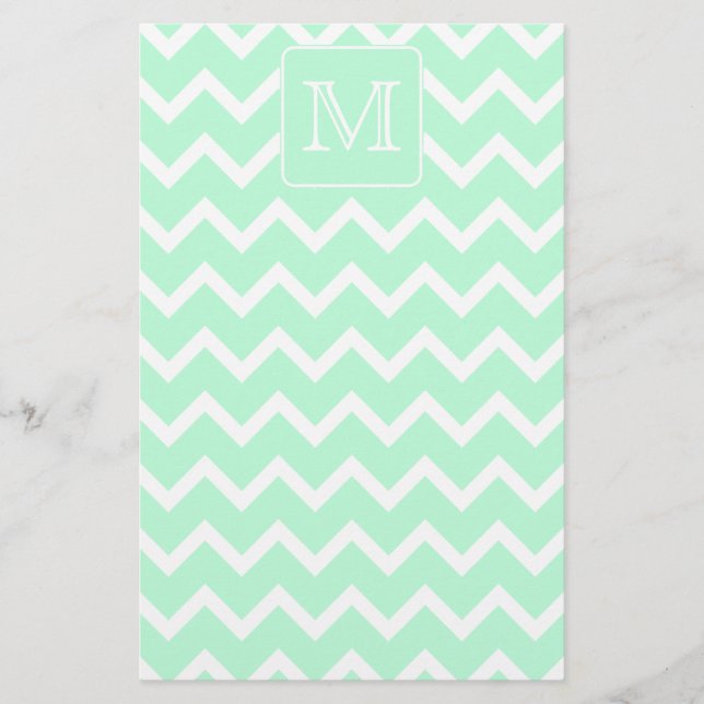 Mint Green Zigzag with Custom Monogram. Stationery (Front)