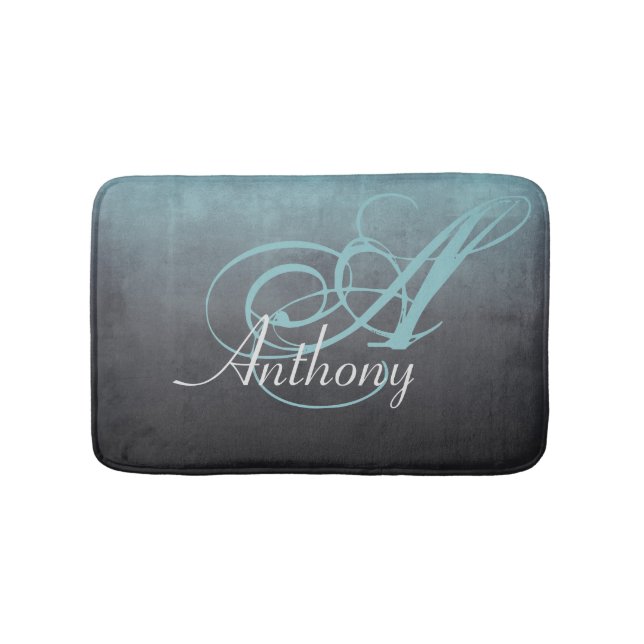 Mint Grey Black Rustic Abstract Name Monogram Bath Mat (Front)