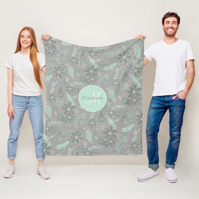 mint grey boho floral feathers pattern monogrammed fleece blanket (In Situ)