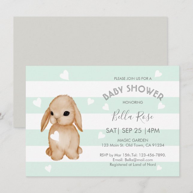 Mint Grey Bunny Baby Shower Invitations (Front/Back)