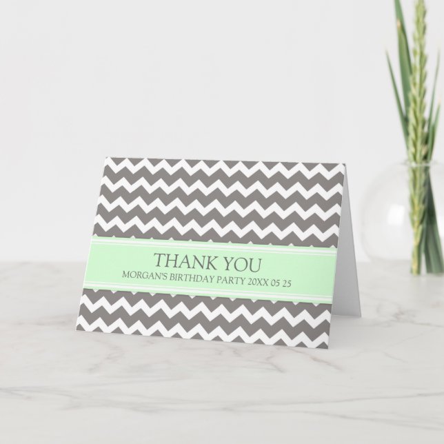 Mint Grey Chevron Birthday Party Thank You Card (Front)