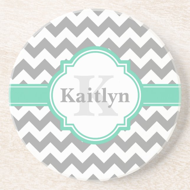 Mint Grey Chevron Pattern & Moroccan Quatrefoil Coaster (Front)
