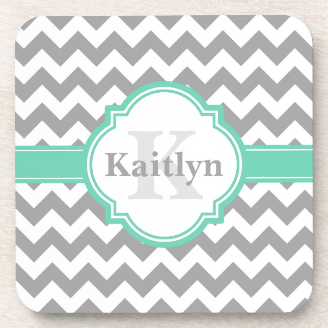 Mint Grey Chevron Pattern & Moroccan Quatrefoil Coaster (Front)