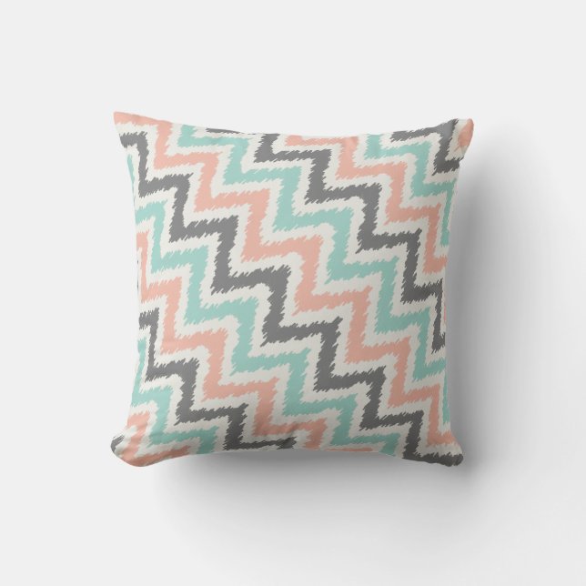 Mint Grey Coral Zigzag Ikat Pattern Cushion (Front)