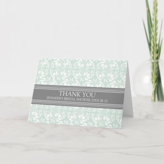 Mint Grey Damask Bridal Shower Thank You Card (Front)