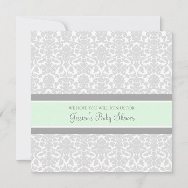 Mint Grey Damask Custom Baby Shower Invitations (Front)
