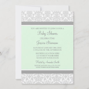 Mint Grey Damask Custom Baby Shower Invitations