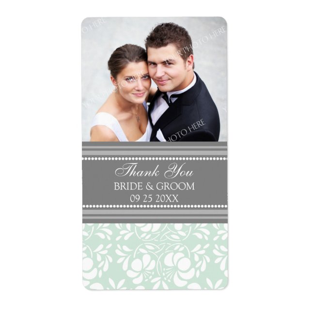Mint Grey Damask Photo Wedding Labels (Front)