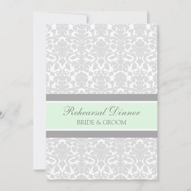 Mint Grey Damask Rehearsal Dinner Party Invitation (Front)