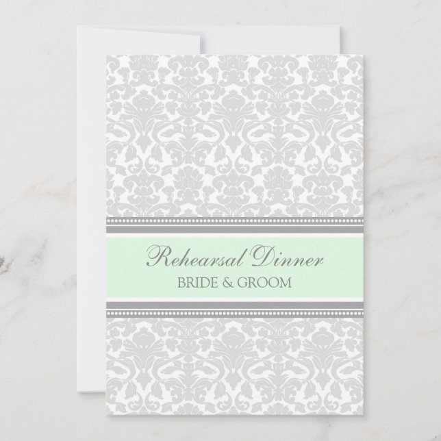 Mint Grey Damask Rehearsal Dinner Party Invitation (Front)