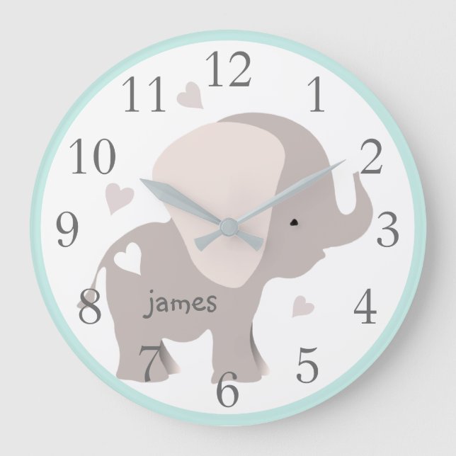 Mint Grey Elephant Nursery Wall Clock (Front)