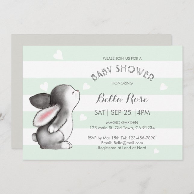 Mint Grey Heart Bunny Baby Shower Invitations (Front/Back)