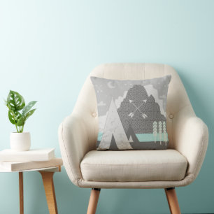 Mint Grey Indian Tribal Tepee Arrow Moon Mountain Cushion