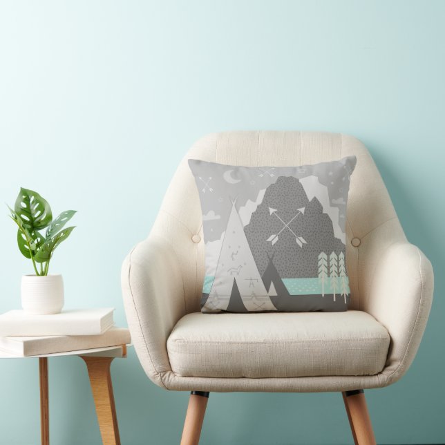 Mint Grey Indian Tribal Tepee Arrow Moon Mountain Cushion (Chair)