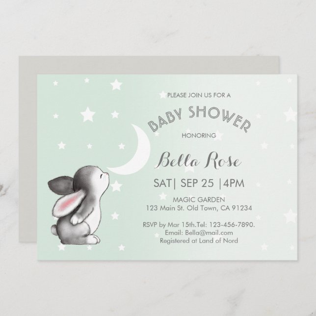 Mint Grey Moon Stars Bunny Baby Shower Invitations (Front/Back)