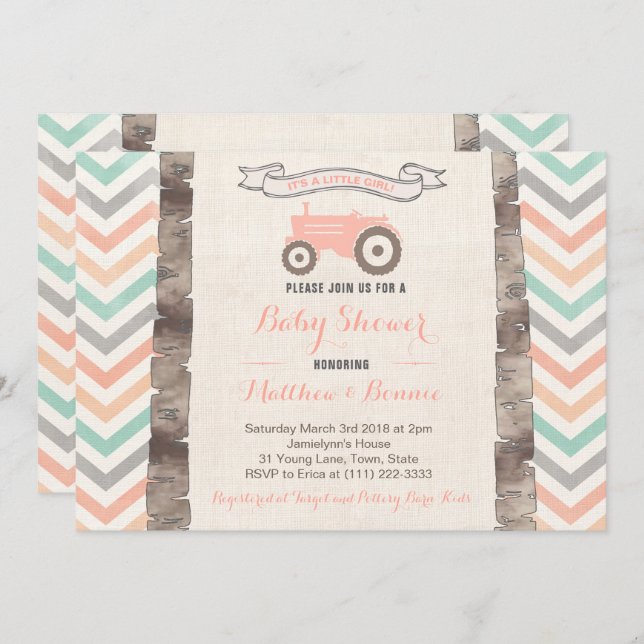 Mint Grey Peach Tractor Girl Baby Shower Invitation (Front/Back)