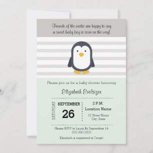 Mint Grey Penguin Baby Shower Invitation