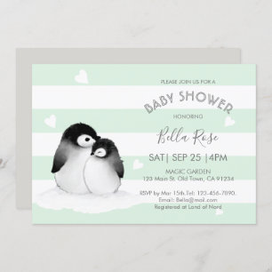 Mint Grey Penguin Baby Shower Invitations