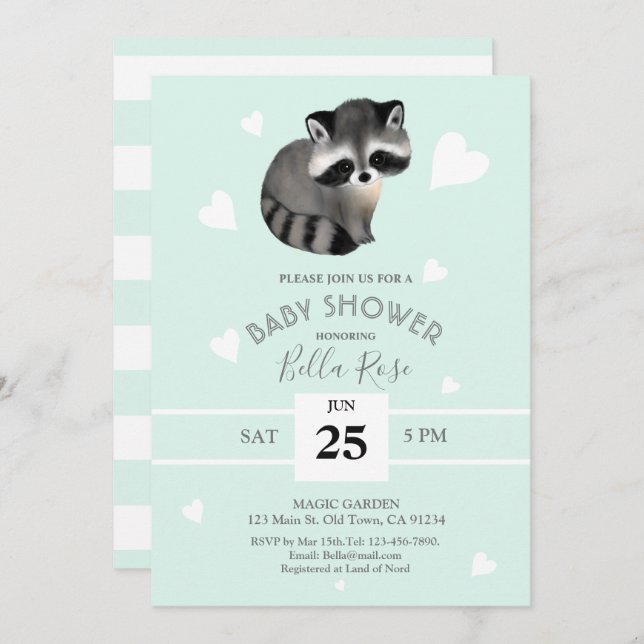 Mint Grey Racoon Baby Shower Invitations (Front/Back)