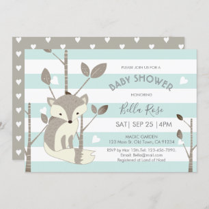 Mint Grey Stripes Fox Heart Baby Shower Invitation