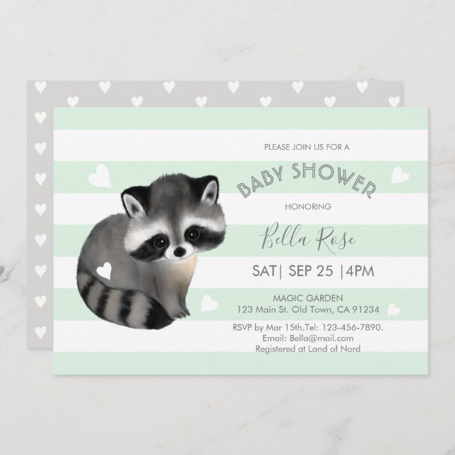 Mint Grey Stripes Racoon Heart Baby Shower Card (Front/Back)