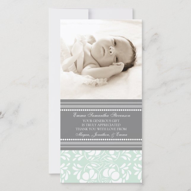 Mint Grey Thank You Baby Shower Photo Cards (Front)