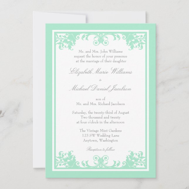Mint Grey Vintage Flourish Scroll Wedding Invitation (Front)
