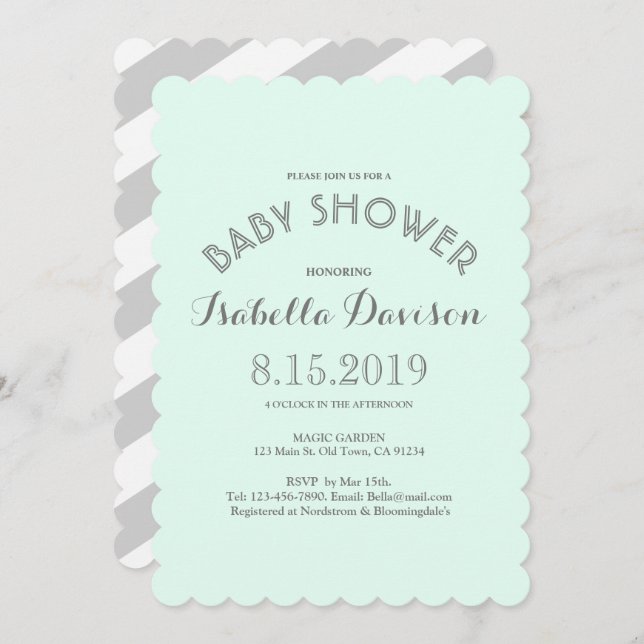 Mint Grey White Stripes Baby Shower Card (Front/Back)