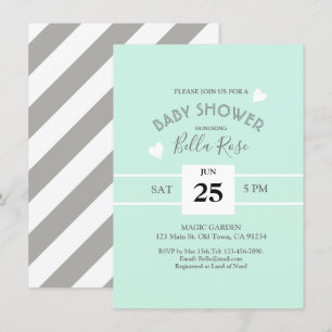Mint Grey White Stripes Baby Shower Invite