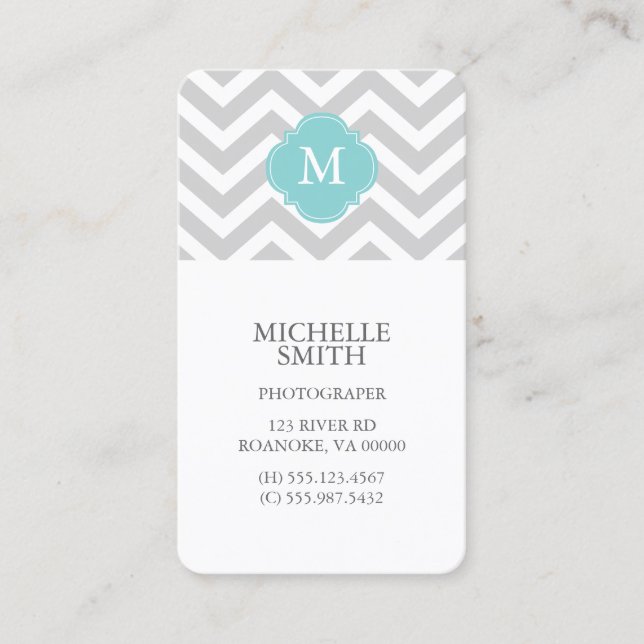 Mint & Grey Zigzags Pattern Monogram Business Card (Front)