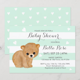 Mint Heart Bear Baby Shower Invitations