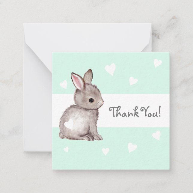 Mint Heart Bunny Baby Shower Thank You Notecards (Front)