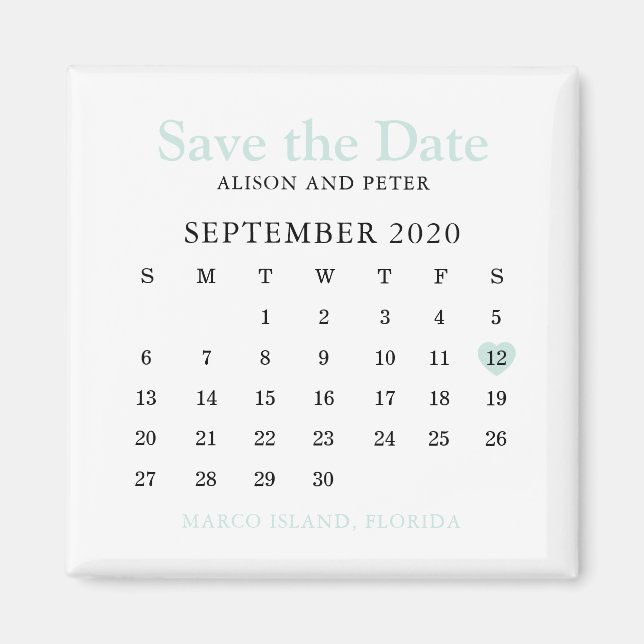Mint Heart Calendar Wedding Save the Date Magnet (Front)