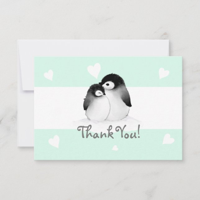 Mint Heart Penguin Thank You Note cards (Front)