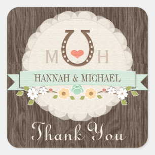MINT HORSESHOE HEART WESTERN WEDDING THANK YOU SQUARE STICKER