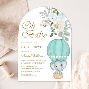 Mint Hot Air Balloon Elephant Arch Baby Shower Invitation