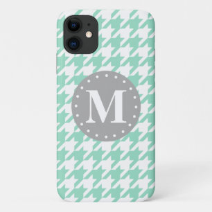 Mint Houndstooth Pattern Grey Monogram iPhone 11 Case