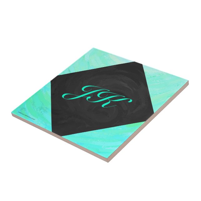 Mint Ice Blue and Black Monogram Ceramic Tile (Side)
