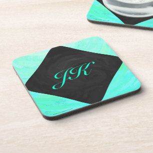 Mint Ice Blue and Black Monogram Coaster