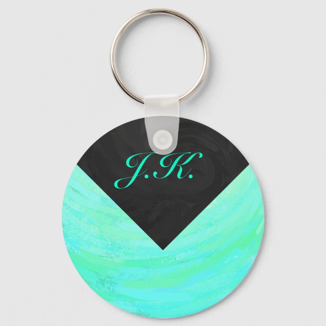 Mint Ice Blue and Black Monogram Key Ring (Front)