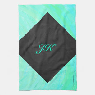 Mint Ice Blue and Black Monogram Tea Towel
