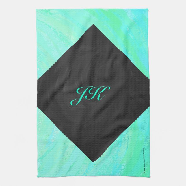 Mint Ice Blue and Black Monogram Tea Towel (Vertical)