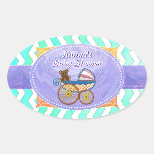 Mint Ice Blue Chevron Patteryn Baby Oval Sticker