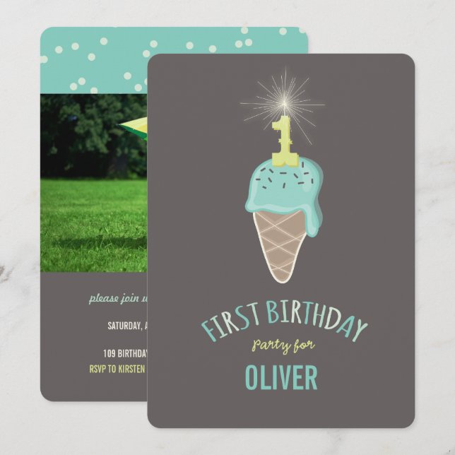 Mint Ice Cream Sparkler One Boy 1st Birthday Party Invitation (Front/Back)