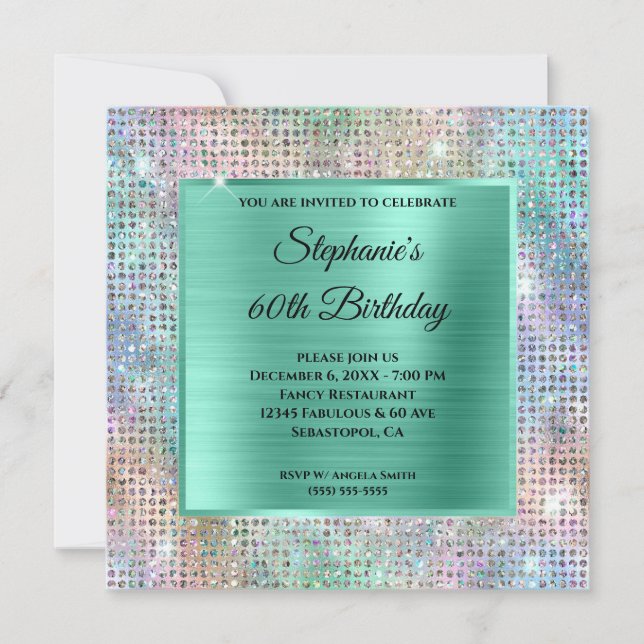 Mint Iridescent Diamond Studded Foil 60th Birthday Invitation (Front)
