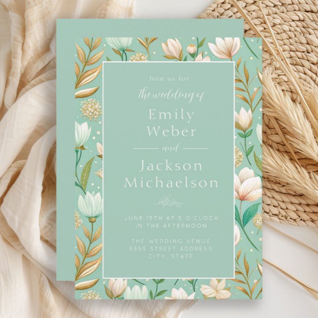 Mint Ivory Gold Watercolor Floral Wedding Invitation (Mint green wedding invitation with ivory and gold floral)