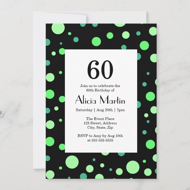 Mint & Jade Green Polka Dot Black 60th Birthday Invitation (Front)
